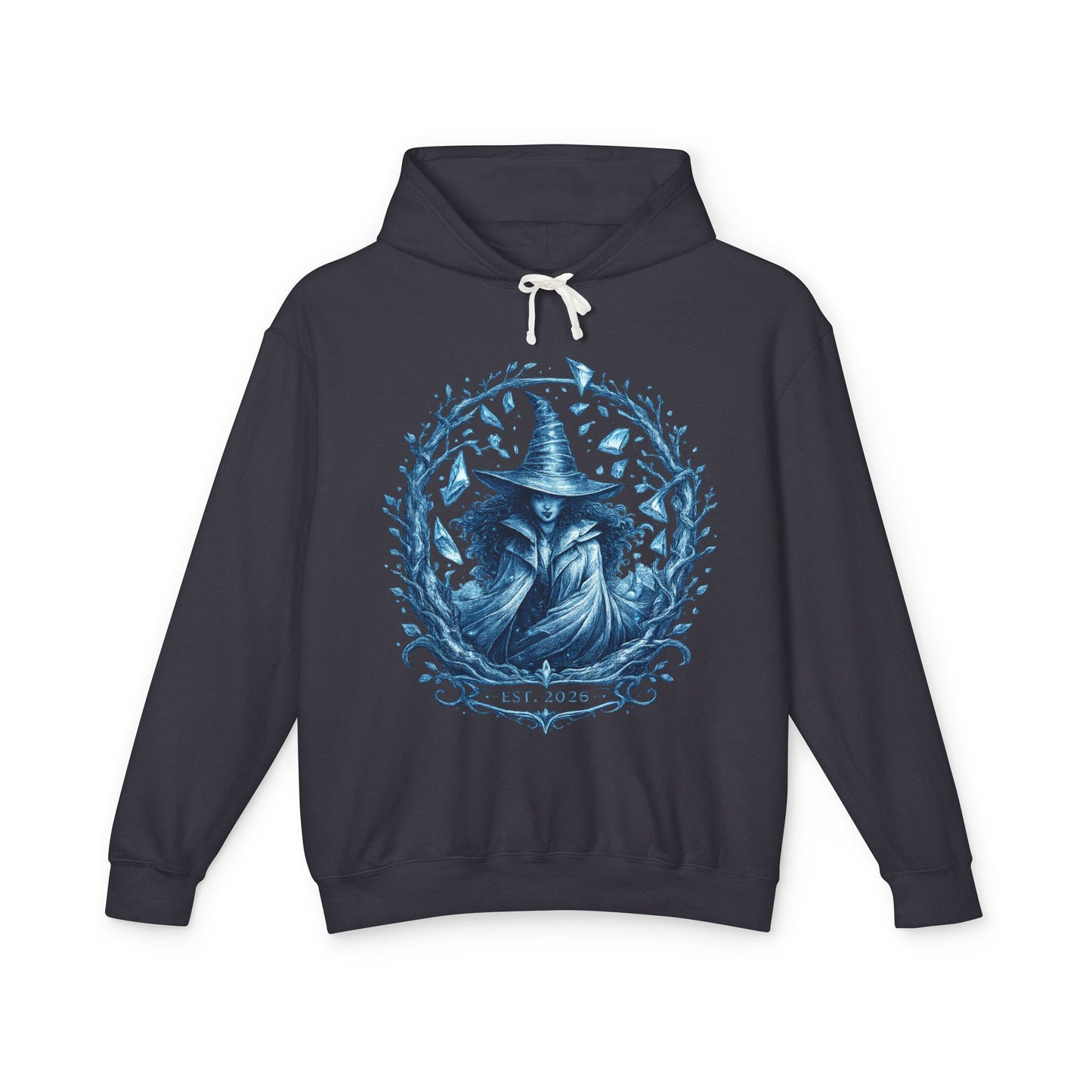 Mystic Witch Illustration Hoodie — 'Est. 2026' Blue Art Sweatshirt