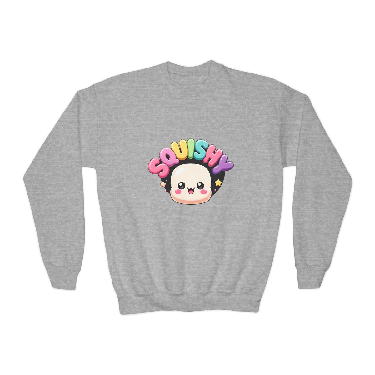 Squishy Kawaii Crewneck Sweatshirt — Cute Rainbow Character Youth Sweatshirt