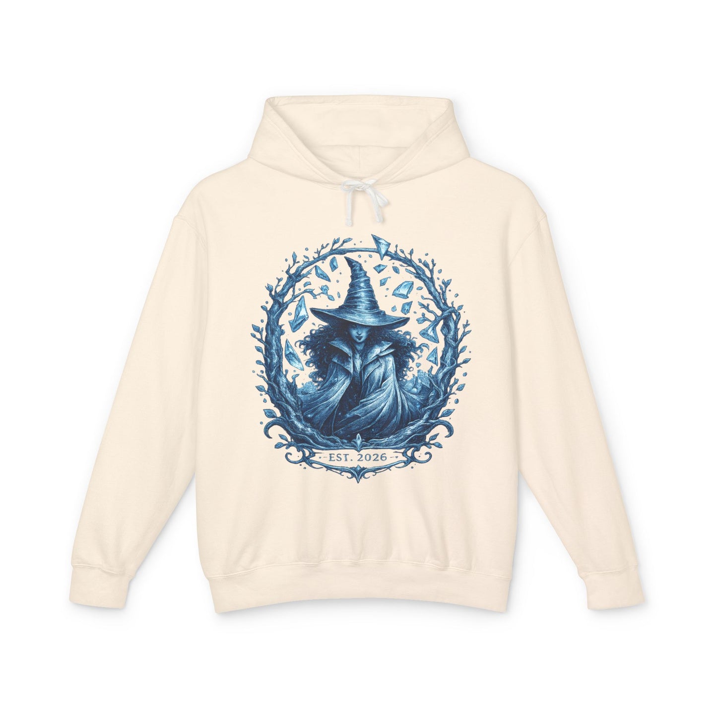 Mystic Witch Illustration Hoodie — 'Est. 2026' Blue Art Sweatshirt