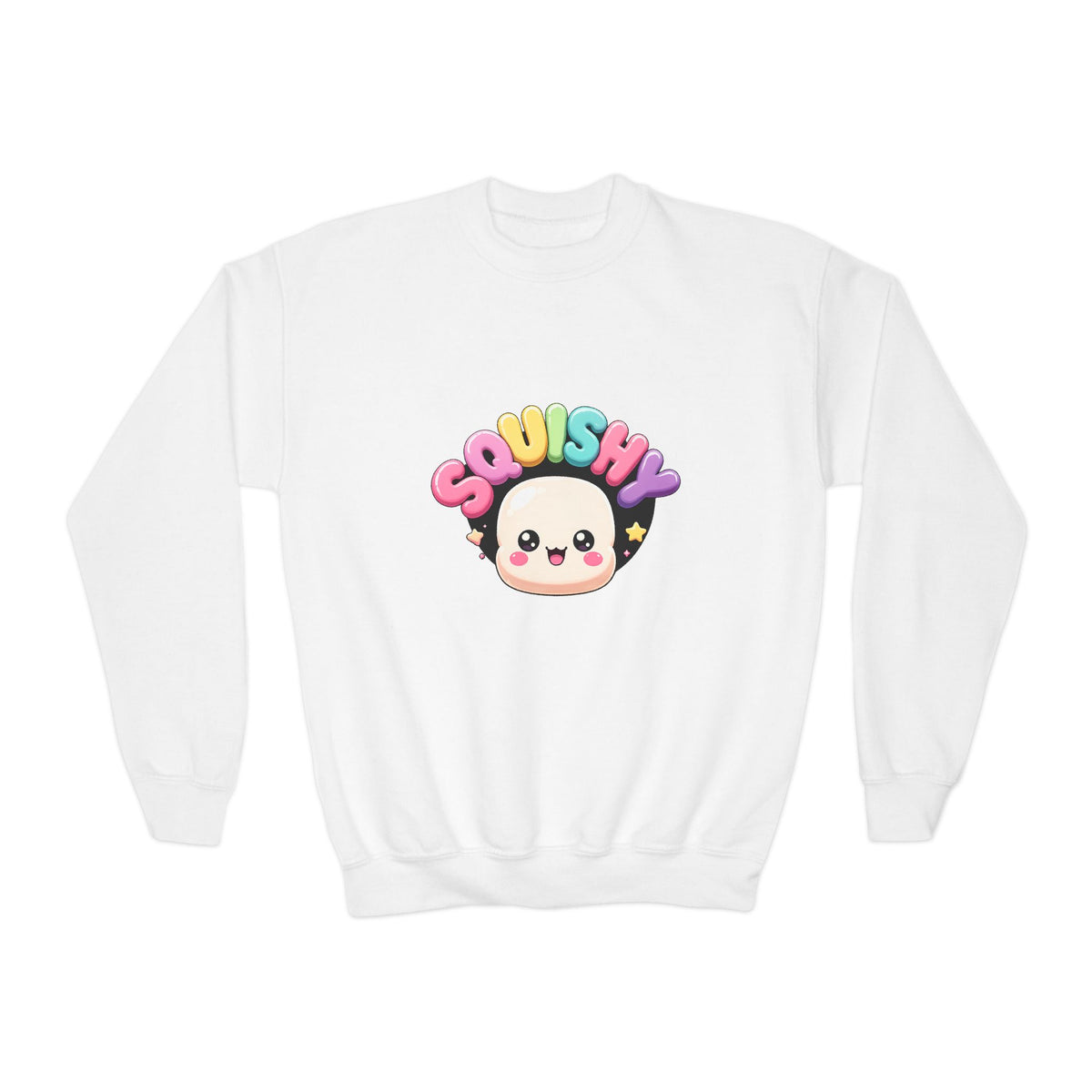 Squishy Kawaii Crewneck Sweatshirt — Cute Rainbow Character Youth Sweatshirt