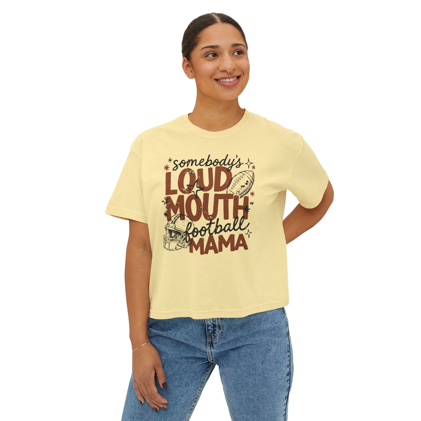 Football Mama Boxy Tee – "Somebody’s Loud Mouth" Mom Game Day Shirt