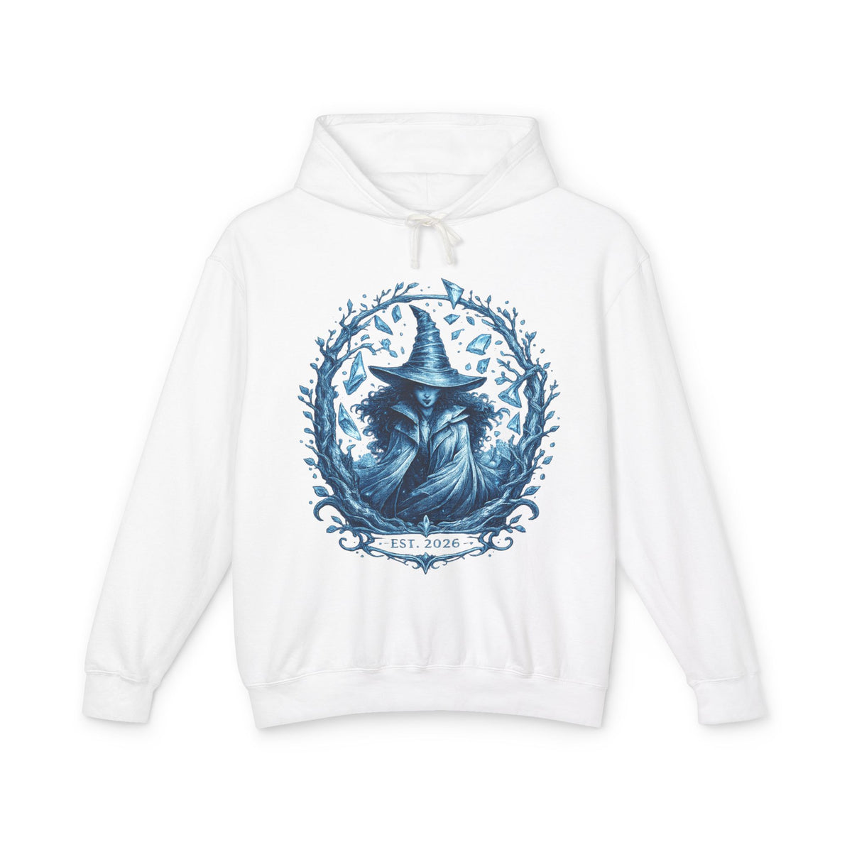 Mystic Witch Illustration Hoodie — 'Est. 2026' Blue Art Sweatshirt