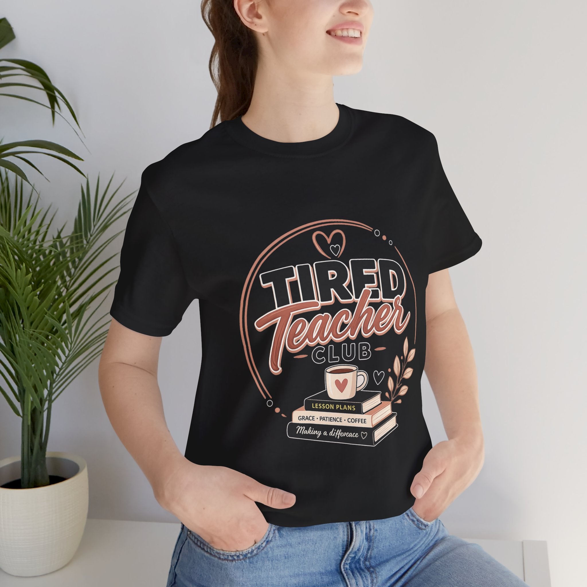 Tired Teacher Club T-Shirt — Funny Teacher Shirt with Coffee & Books Design
