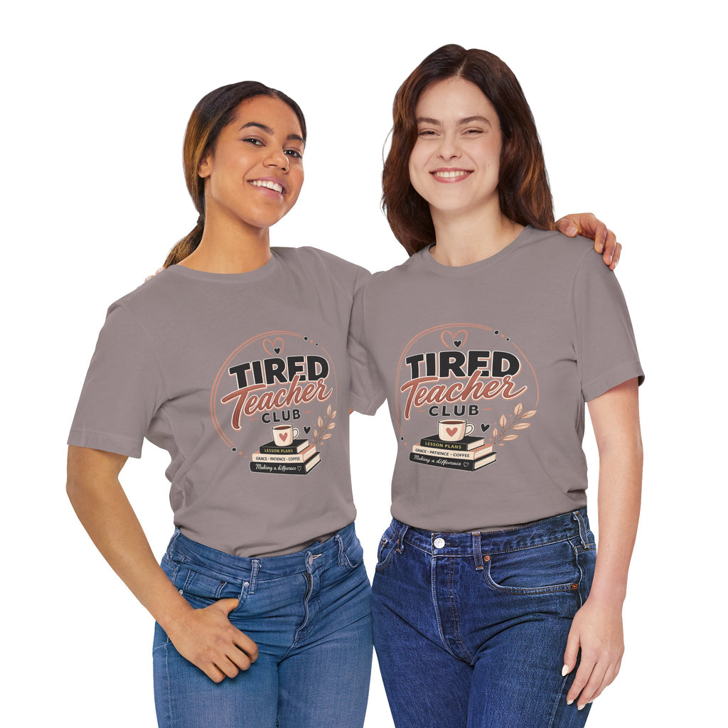 Tired Teacher Club T-Shirt — Funny Teacher Shirt with Coffee & Books Design
