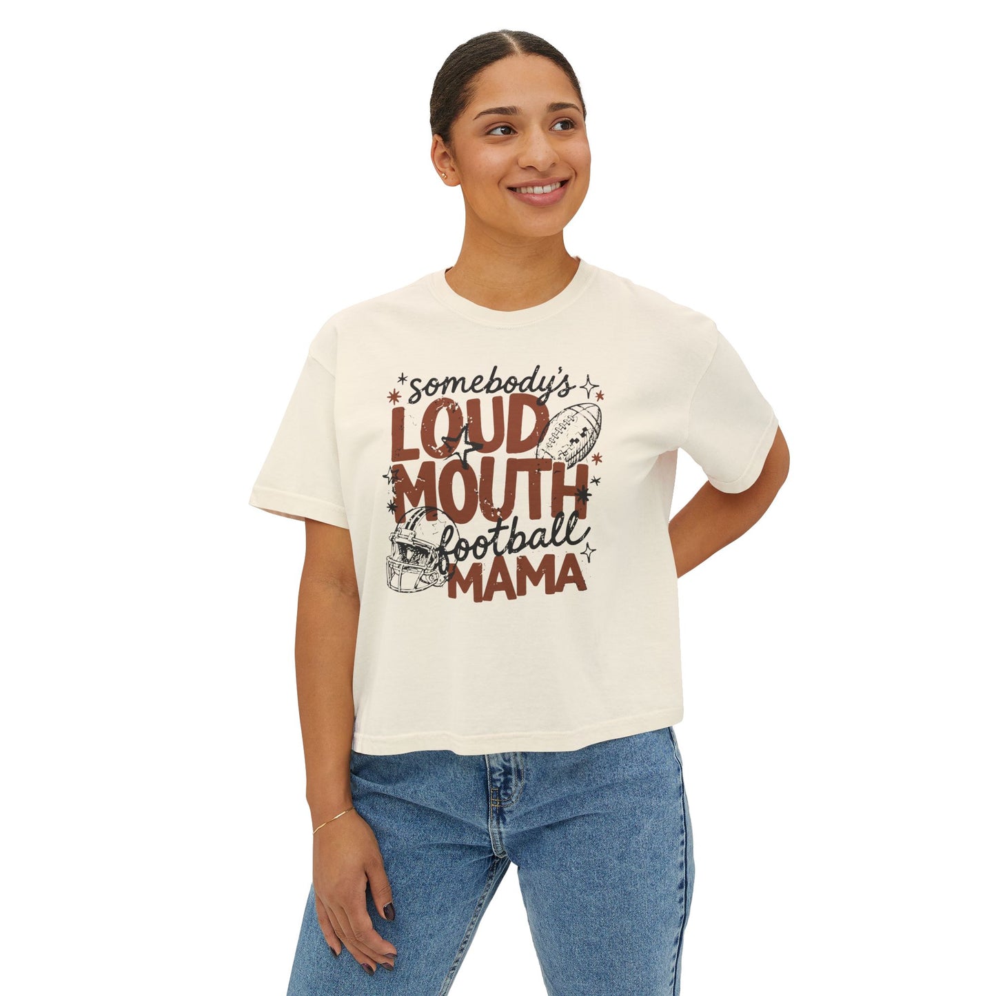 Football Mama Boxy Tee – "Somebody’s Loud Mouth" Mom Game Day Shirt