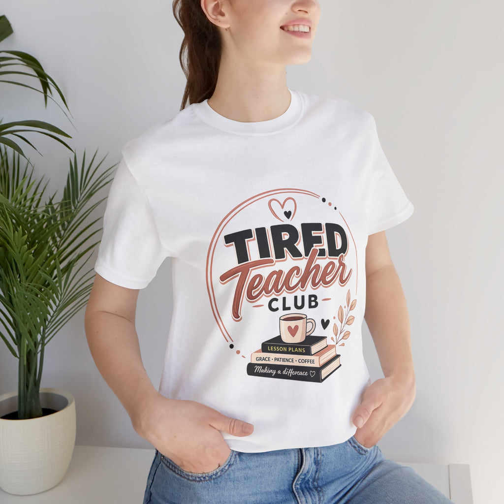 Tired Teacher Club T-Shirt — Funny Teacher Shirt with Coffee & Books Design