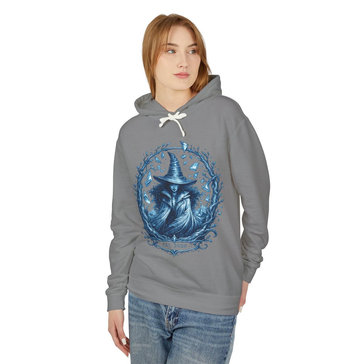 Mystic Witch Illustration Hoodie — 'Est. 2026' Blue Art Sweatshirt