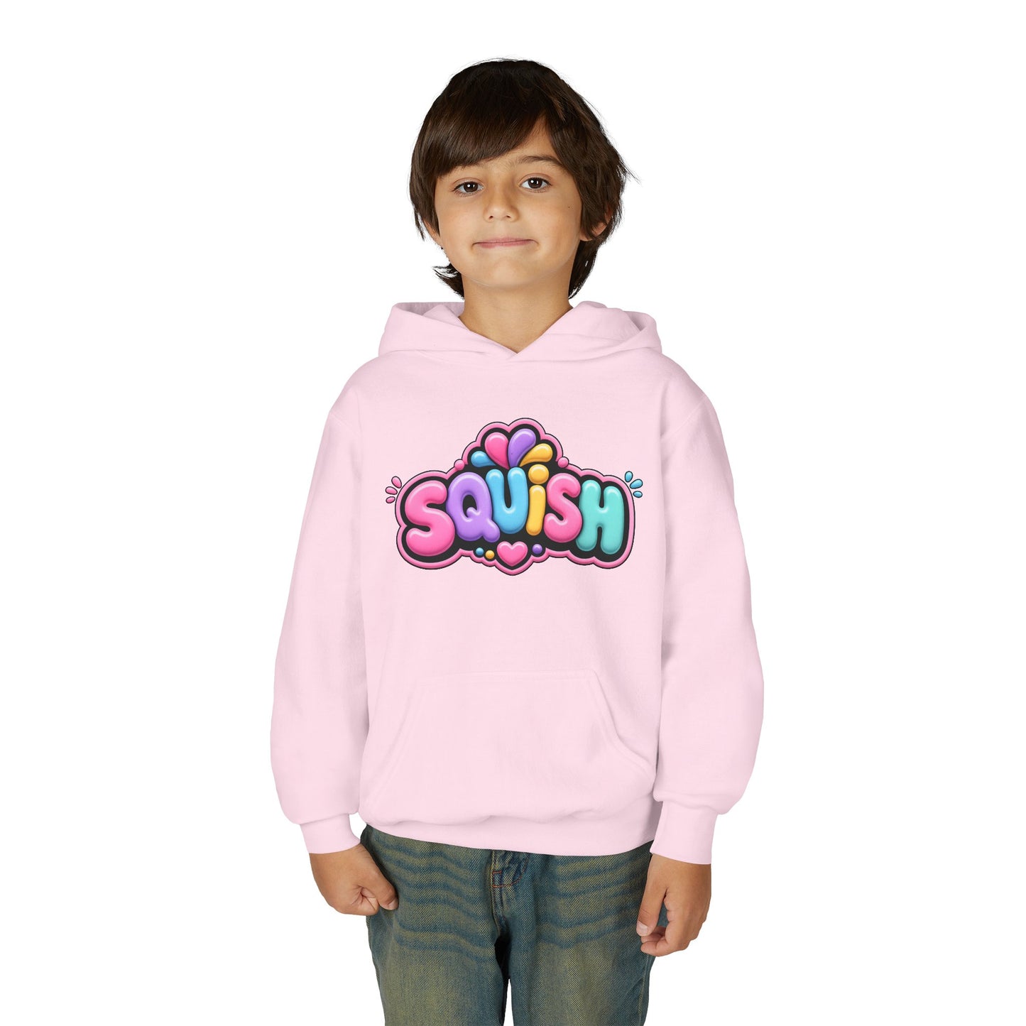 Youth Hoodie — Colorful “SQUISH” Kawaii Graphic Pullover