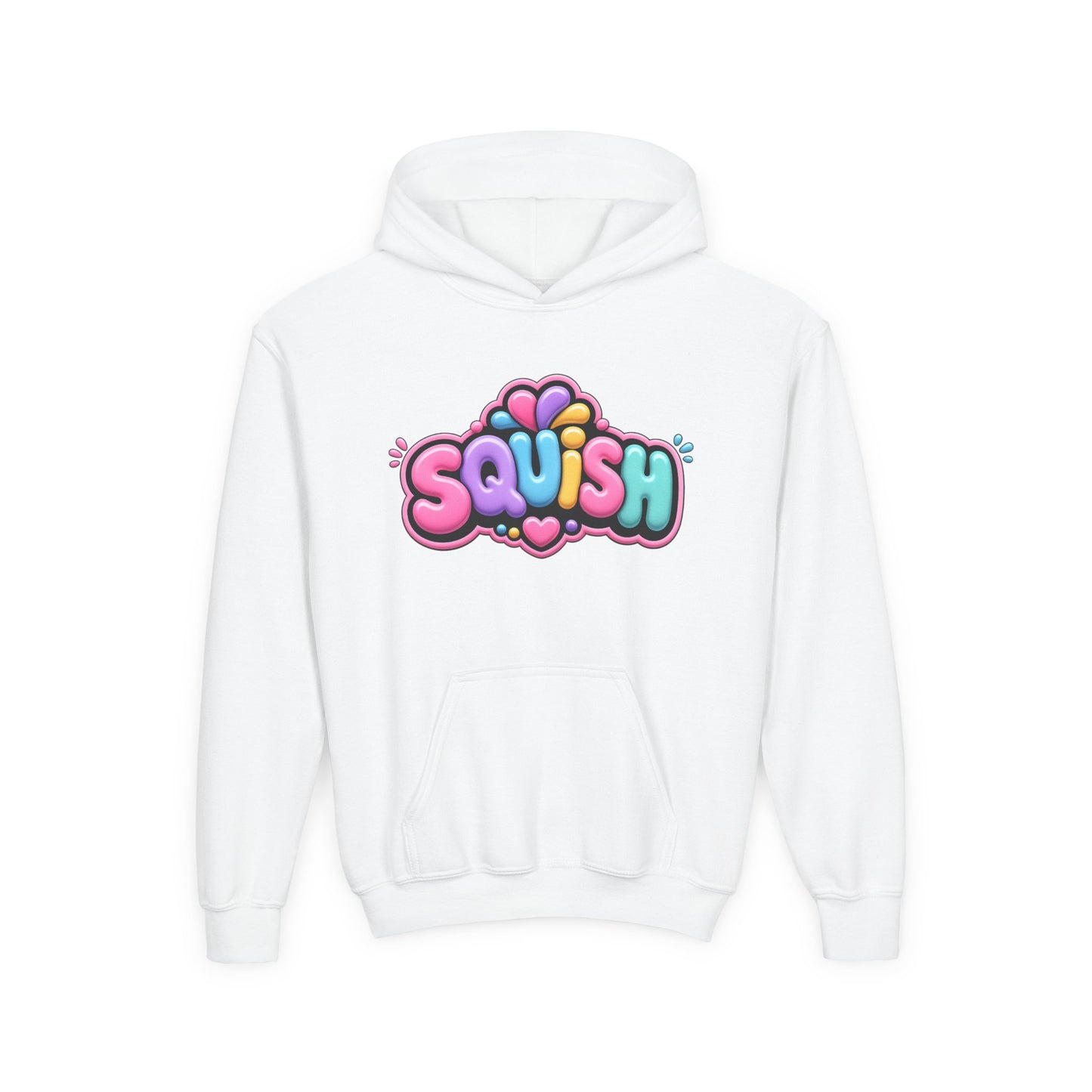 Youth Hoodie — Colorful “SQUISH” Kawaii Graphic Pullover