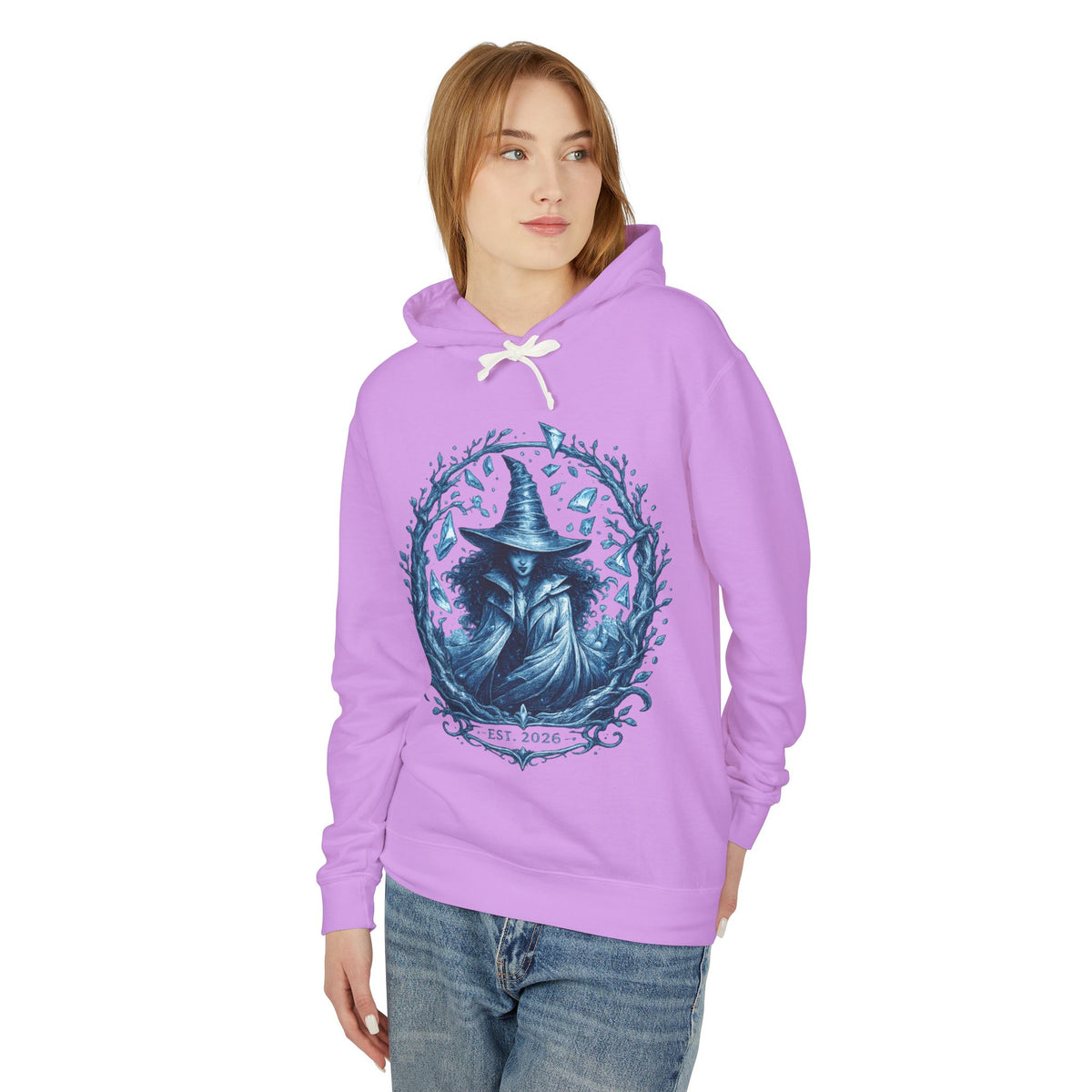 Mystic Witch Illustration Hoodie — 'Est. 2026' Blue Art Sweatshirt