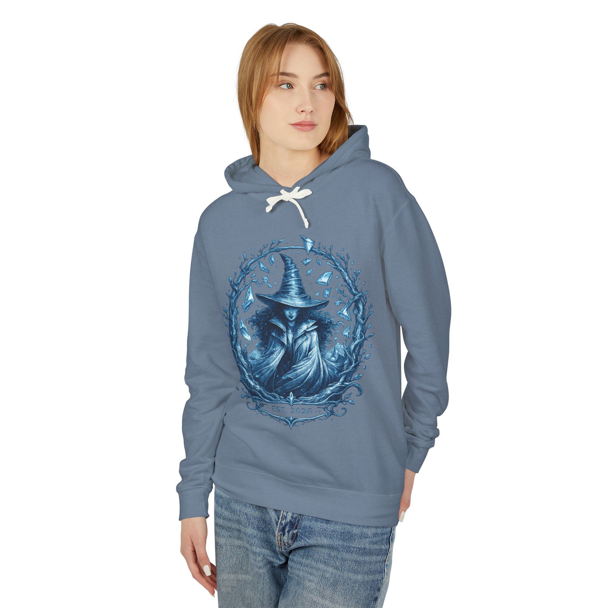 Mystic Witch Illustration Hoodie — 'Est. 2026' Blue Art Sweatshirt