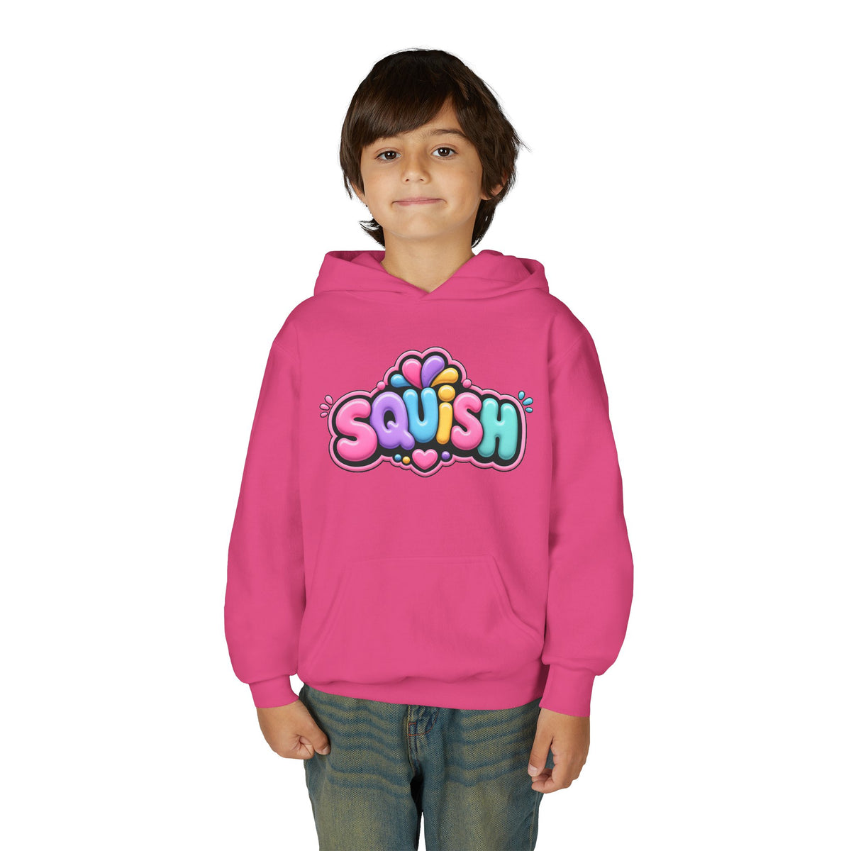 Youth Hoodie — Colorful “SQUISH” Kawaii Graphic Pullover