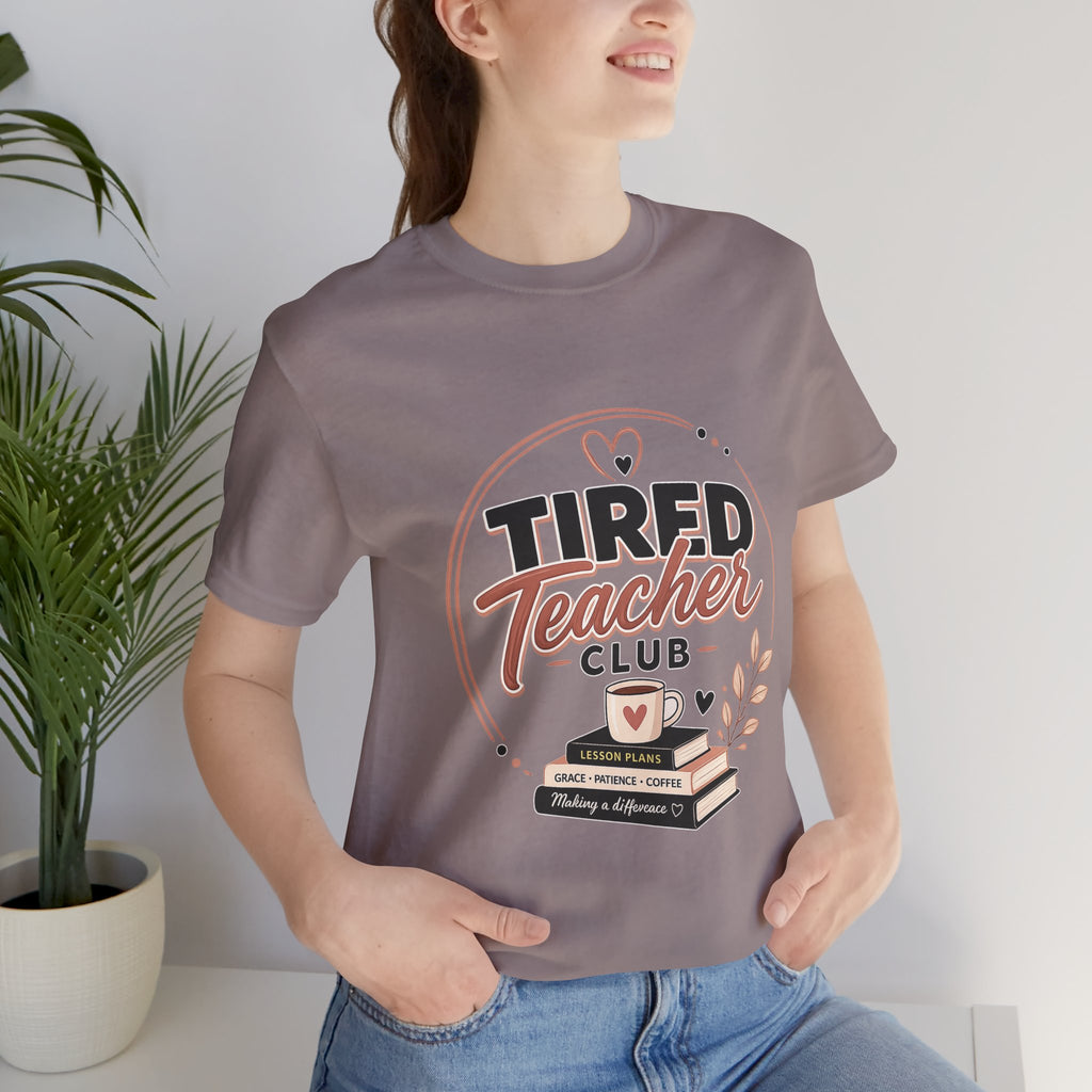Tired Teacher Club T-Shirt — Funny Teacher Shirt with Coffee & Books Design