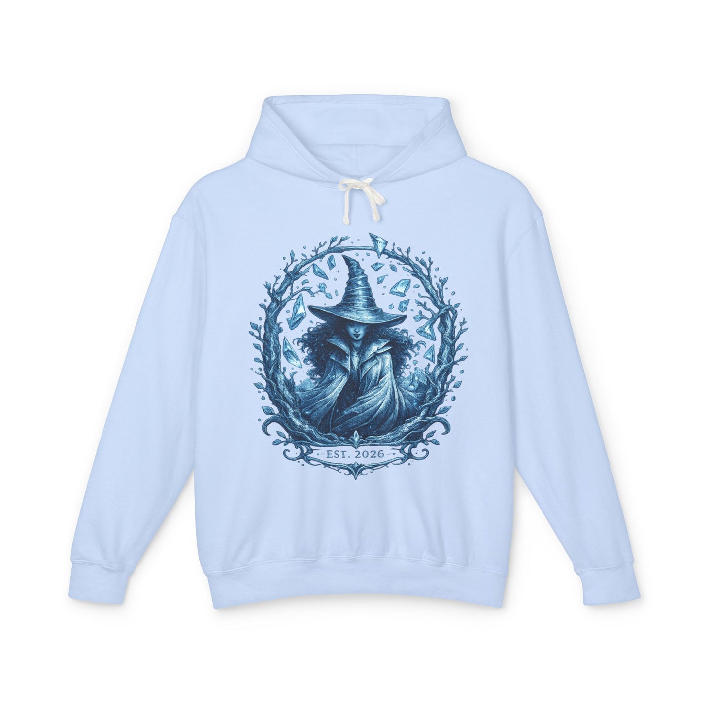 Mystic Witch Illustration Hoodie — 'Est. 2026' Blue Art Sweatshirt