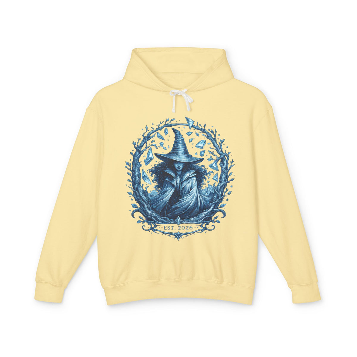 Mystic Witch Illustration Hoodie — 'Est. 2026' Blue Art Sweatshirt