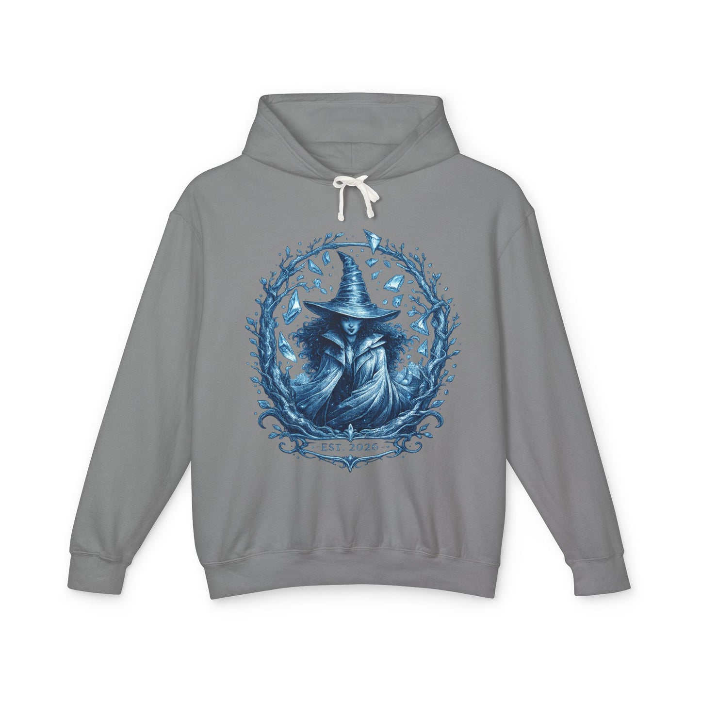 Mystic Witch Illustration Hoodie — 'Est. 2026' Blue Art Sweatshirt