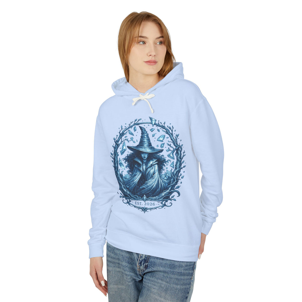 Mystic Witch Illustration Hoodie — 'Est. 2026' Blue Art Sweatshirt