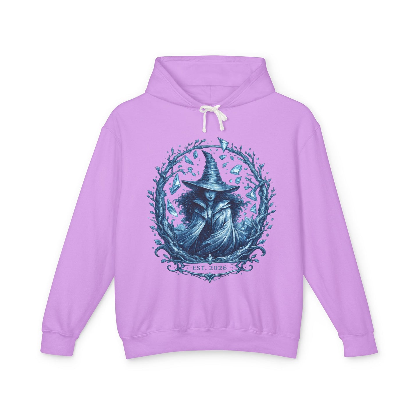 Mystic Witch Illustration Hoodie — 'Est. 2026' Blue Art Sweatshirt