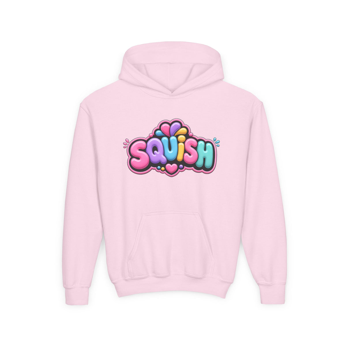Youth Hoodie — Colorful “SQUISH” Kawaii Graphic Pullover