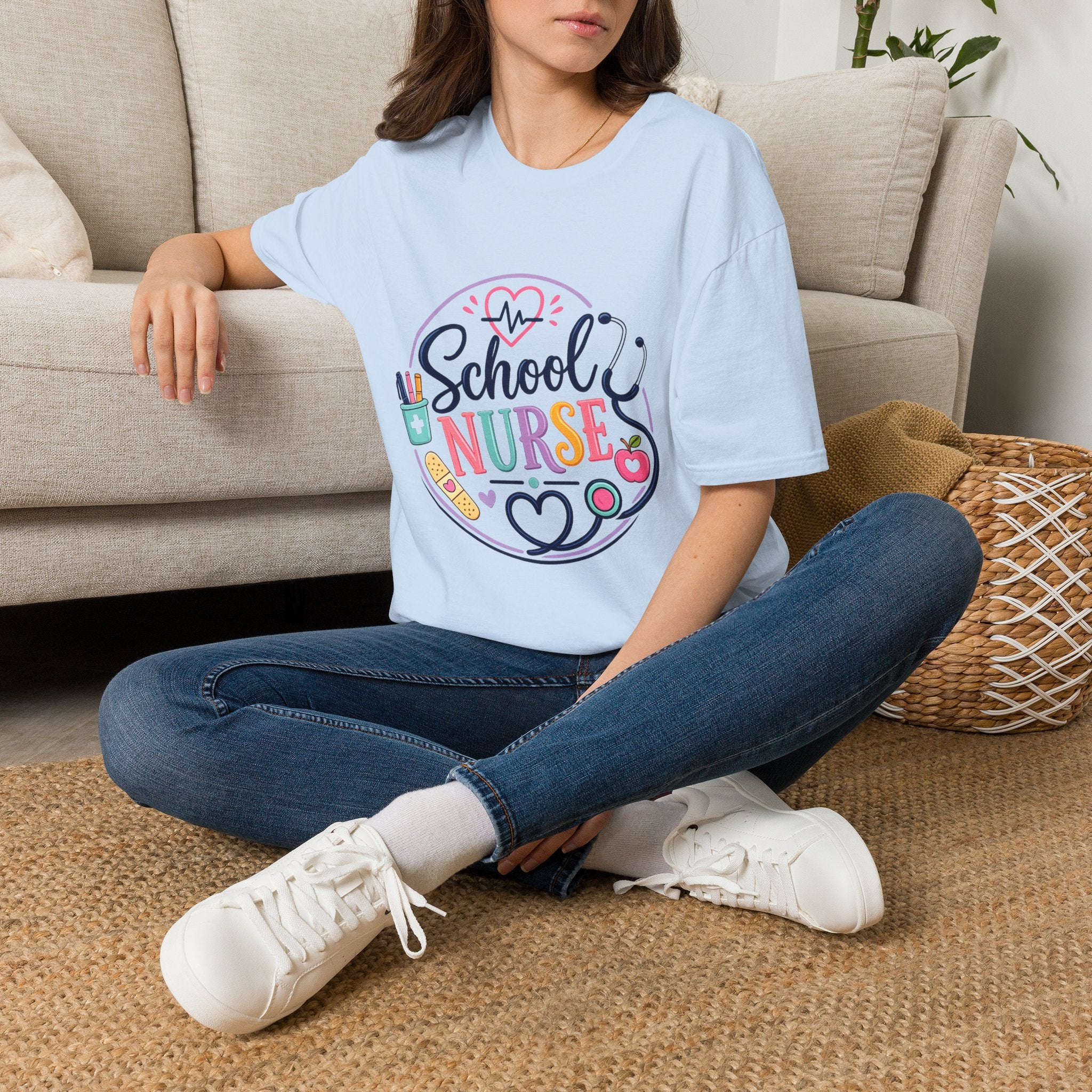 School Nurse T-Shirt — Cute Colorful Stethoscope & Heart Graphic