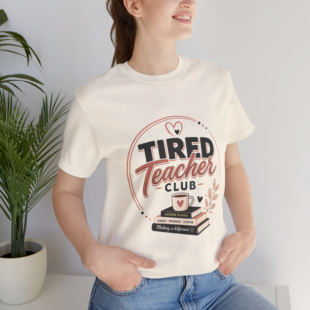 Tired Teacher Club T-Shirt — Funny Teacher Shirt with Coffee & Books Design