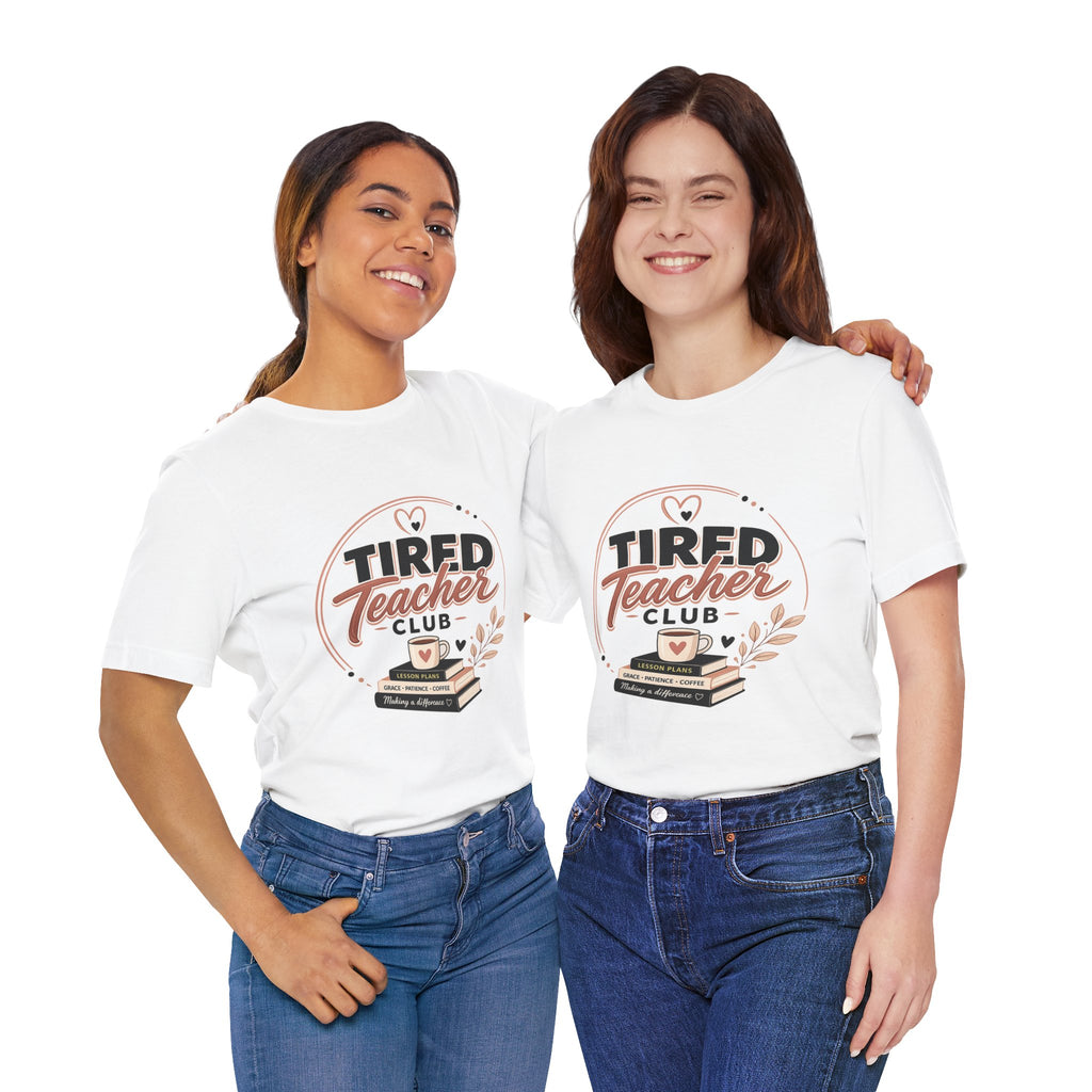 Tired Teacher Club T-Shirt — Funny Teacher Shirt with Coffee & Books Design