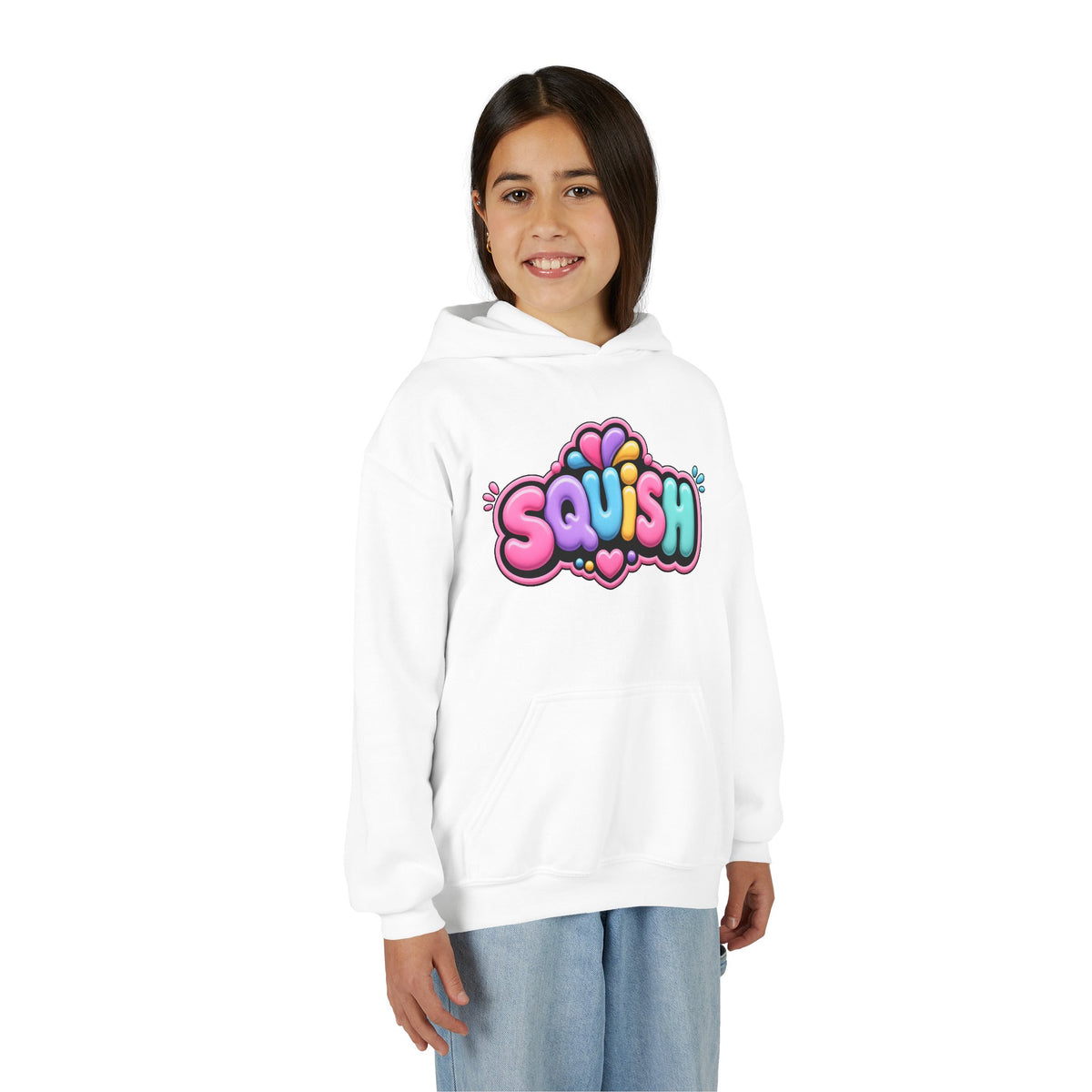 Youth Hoodie — Colorful “SQUISH” Kawaii Graphic Pullover