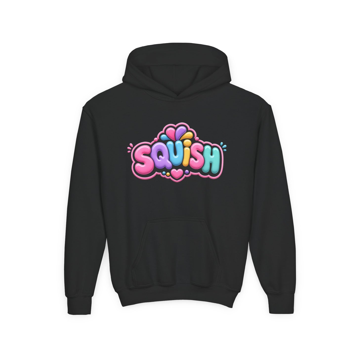 Youth Hoodie — Colorful “SQUISH” Kawaii Graphic Pullover