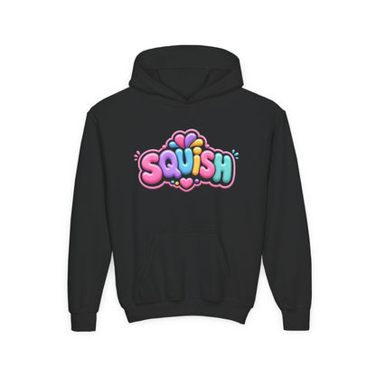 Youth Hoodie — Colorful “SQUISH” Kawaii Graphic Pullover