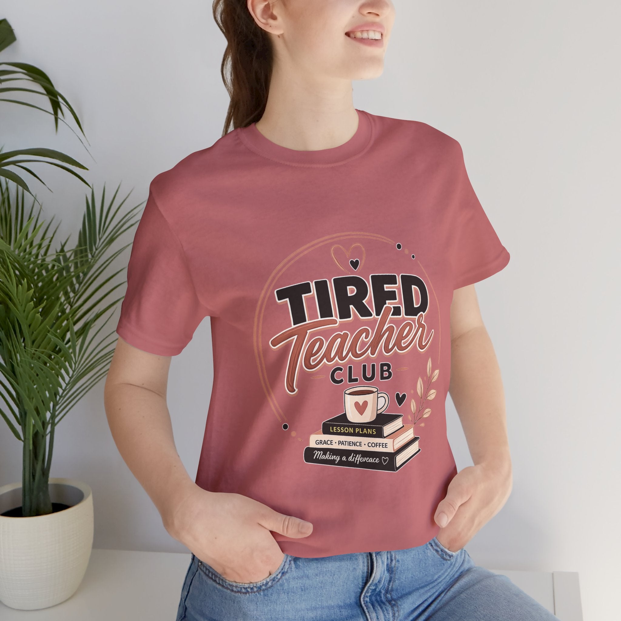 Tired Teacher Club T-Shirt — Funny Teacher Shirt with Coffee & Books Design