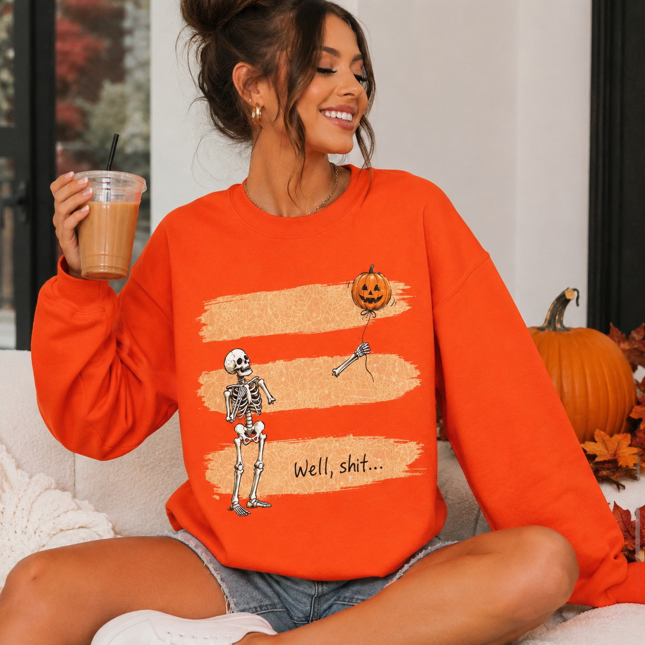 Halloween Skeleton Crewneck Sweatshirt — 'Well, shit...' Pumpkin Toss Graphic